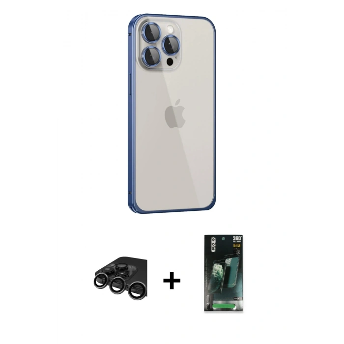 MARSİLYAN™- iPhone 15 Pro Kılıf Eksen Form Serisi - Siyah 360 Mat Full Body Arka Koruyucu + Raze Metal Kamera Lens - TMGI