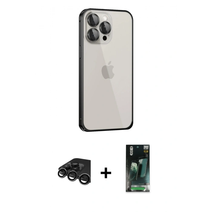 MARSİLYAN™- iPhone 15 Pro Kılıf Eksen Form Serisi - Siyah 360 Mat Full Body Arka Koruyucu + Raze Metal Kamera Lens - TMGI