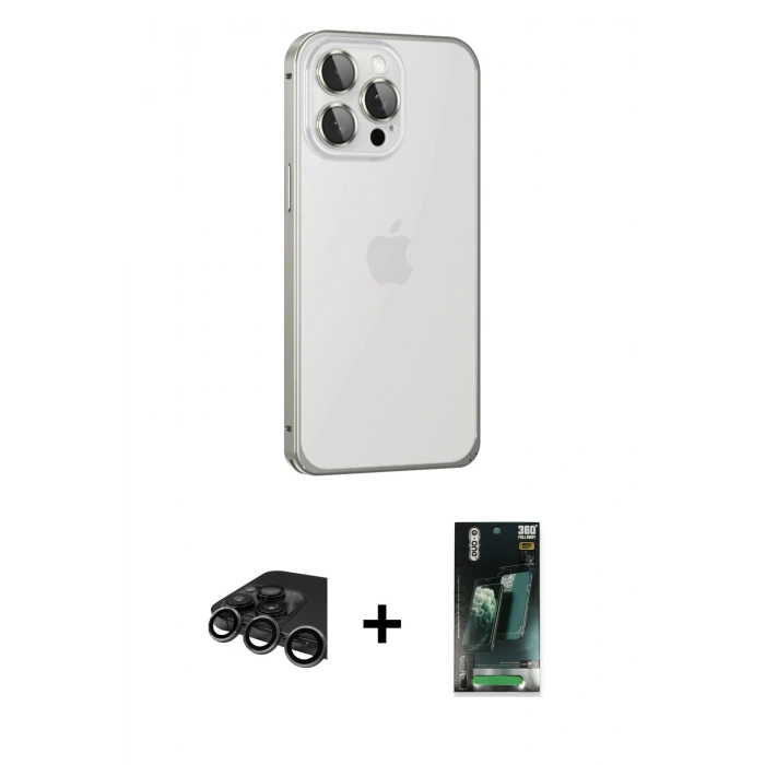 MARSİLYAN™- iPhone 15 Pro Kılıf Eksen Form Serisi - Siyah 360 Mat Full Body Arka Koruyucu + Raze Metal Kamera Lens - TMGI