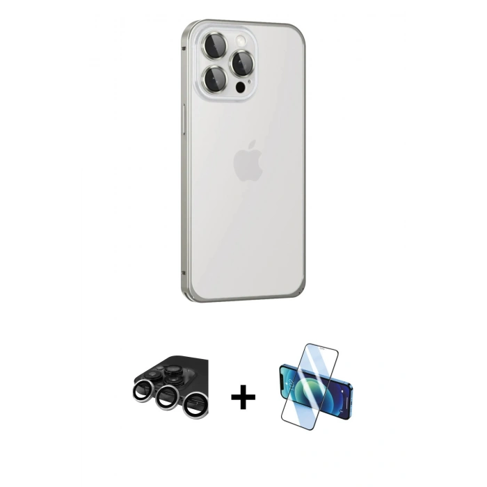 MARSİLYAN™- iPhone 15 Pro Kılıf Eksen Form Serisi - Siyah 3D Antistatik Cam Ekran Koruyucu + Raze Metal Kamera Lens - GS