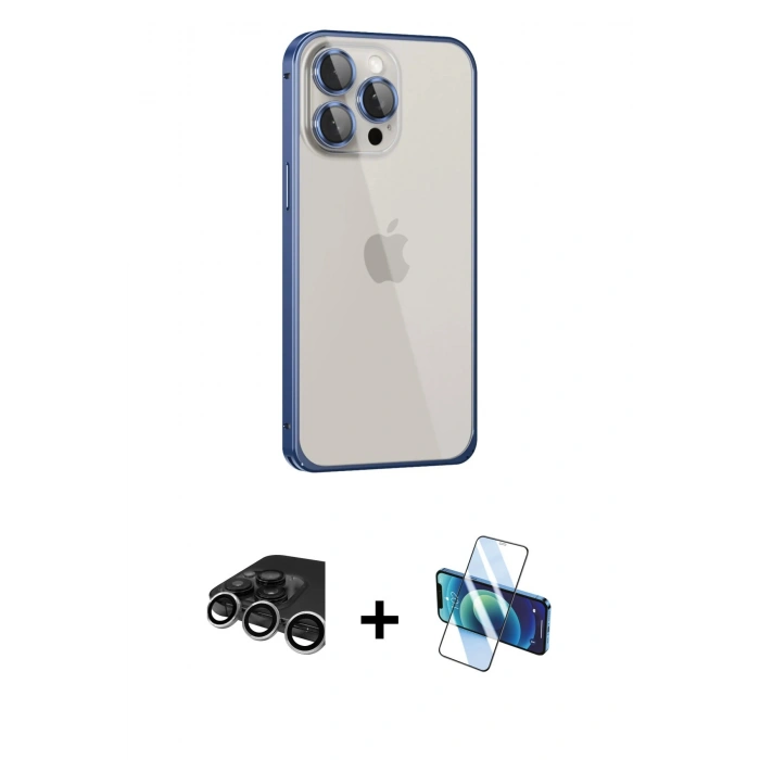 MARSİLYAN™- iPhone 15 Pro Kılıf Eksen Form Serisi - Siyah 3D Antistatik Cam Ekran Koruyucu + Raze Metal Kamera Lens - GS