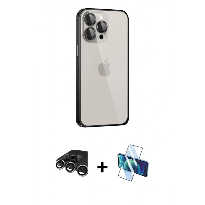 MARSİLYAN™- iPhone 15 Pro Kılıf Eksen Form Serisi - Siyah 3D Antistatik Cam Ekran Koruyucu + Raze Metal Kamera Lens - GS