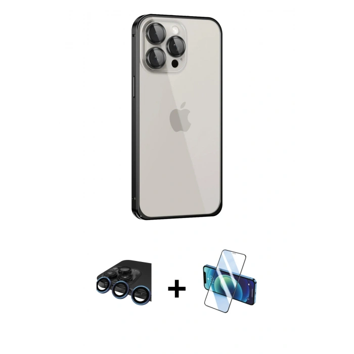 MARSİLYAN™- iPhone 15 Pro Kılıf Eksen Form Serisi - Siyah 3D Antistatik Cam Ekran Koruyucu + Raze Metal Kamera Lens - LT