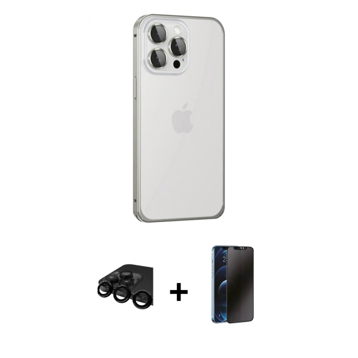 MARSİLYAN™- iPhone 15 Pro Kılıf Eksen Form Serisi - Siyah 3D Antistatik Hayalet Cam Ekran Koruyucu + Raze Metal Kamera Lens - SH