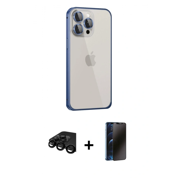 MARSİLYAN™- iPhone 15 Pro Kılıf Eksen Form Serisi - Siyah 3D Antistatik Hayalet Cam Ekran Koruyucu + Raze Metal Kamera Lens - SH