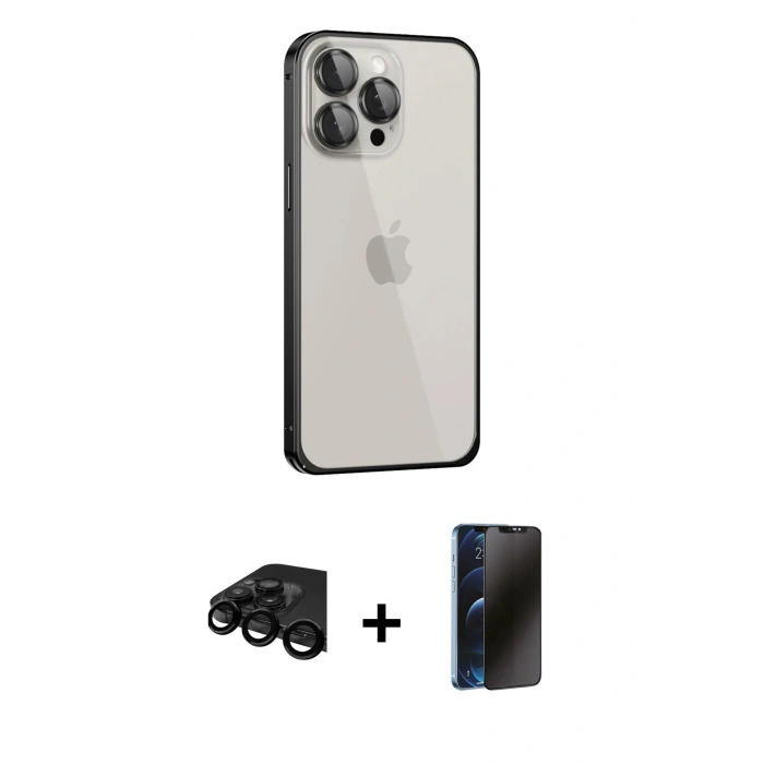 MARSİLYAN™- iPhone 15 Pro Kılıf Eksen Form Serisi - Siyah 3D Antistatik Hayalet Cam Ekran Koruyucu + Raze Metal Kamera Lens - SH