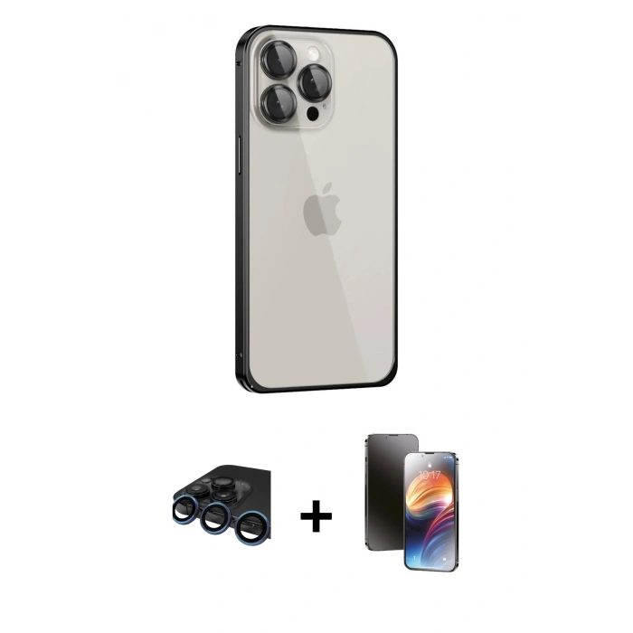 MARSİLYAN™- iPhone 15 Pro Kılıf Eksen Form Serisi - Siyah 3D Antistatik Mat Seramik Nano Ekran Koruyucu + Raze Metal Kamera Lens - LT