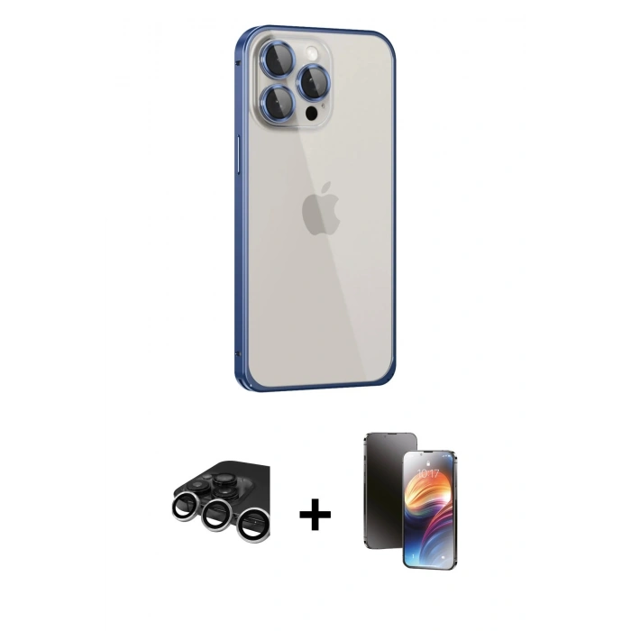 MARSİLYAN™- iPhone 15 Pro Kılıf Eksen Form Serisi - Siyah 3D Antistatik Mat Seramik Nano Ekran Koruyucu + Raze Metal Kamera Lens - GS