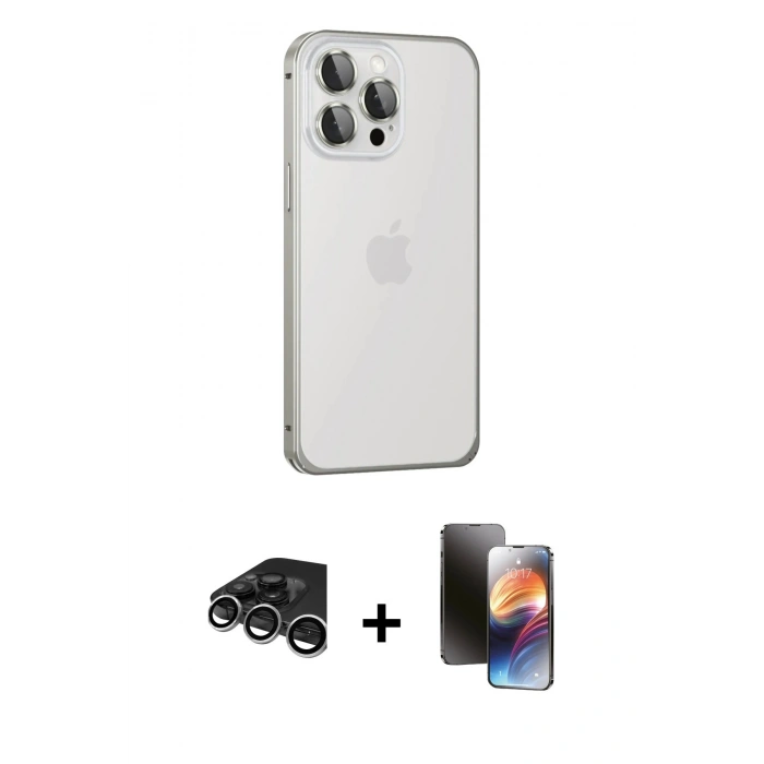 MARSİLYAN™- iPhone 15 Pro Kılıf Eksen Form Serisi - Siyah 3D Antistatik Mat Seramik Nano Ekran Koruyucu + Raze Metal Kamera Lens - GS