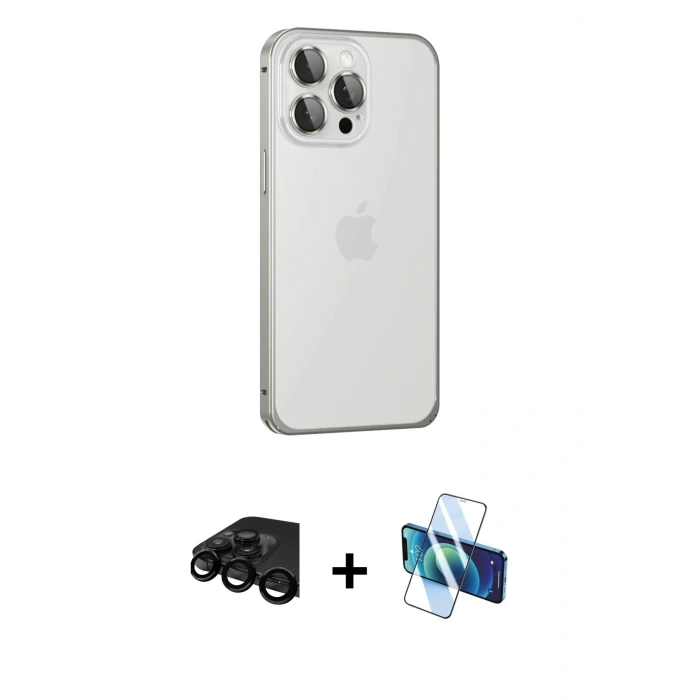 MARSİLYAN™- iPhone 15 Pro Kılıf Eksen Form Serisi - Siyah 3D Antistatik Seramik Nano Ekran Koruyucu + Raze Metal Kamera Lens - SH