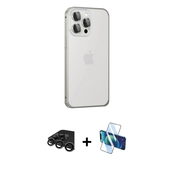 MARSİLYAN™- iPhone 15 Pro Kılıf Eksen Form Serisi - Siyah 3D Antistatik Seramik Nano Ekran Koruyucu + Raze Metal Kamera Lens - TMGI