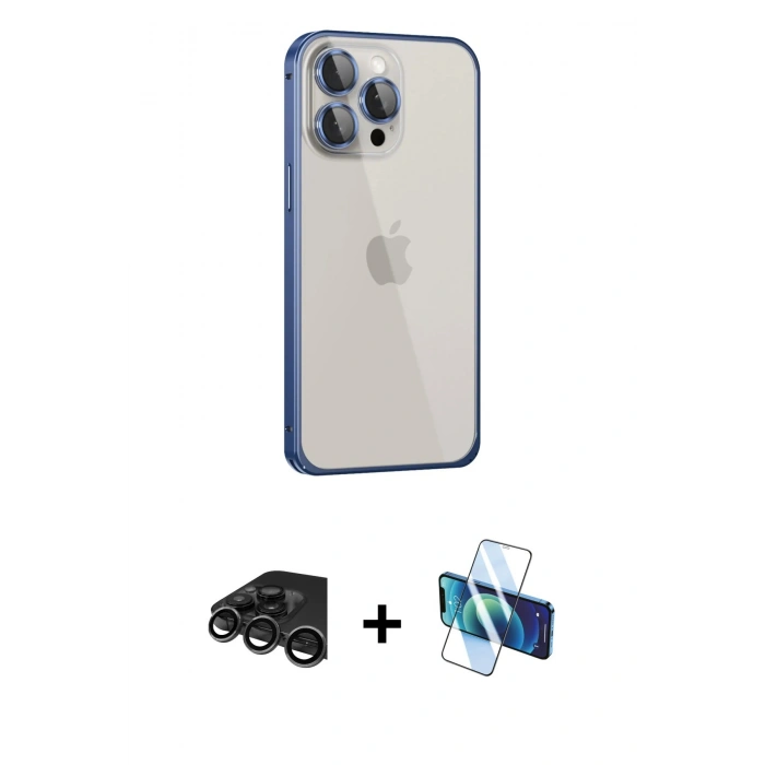 MARSİLYAN™- iPhone 15 Pro Kılıf Eksen Form Serisi - Siyah 3D Antistatik Seramik Nano Ekran Koruyucu + Raze Metal Kamera Lens - TMGI