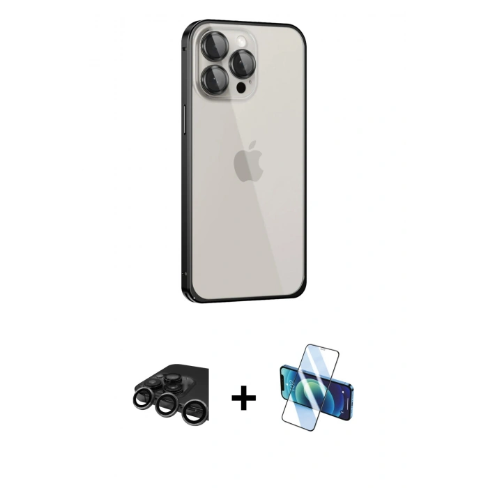 MARSİLYAN™- iPhone 15 Pro Kılıf Eksen Form Serisi - Siyah 3D Antistatik Seramik Nano Ekran Koruyucu + Raze Metal Kamera Lens - TMGI