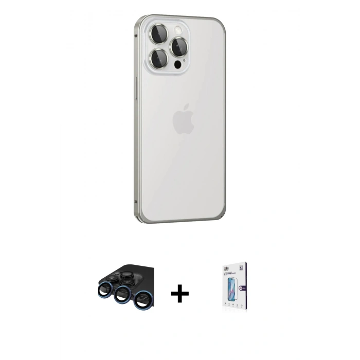MARSİLYAN™- iPhone 15 Pro Kılıf Eksen Form Serisi - Siyah Bilvis 0.18mm Plus Cam Ekran Koruyucu + Raze Metal Kamera Lens - LT