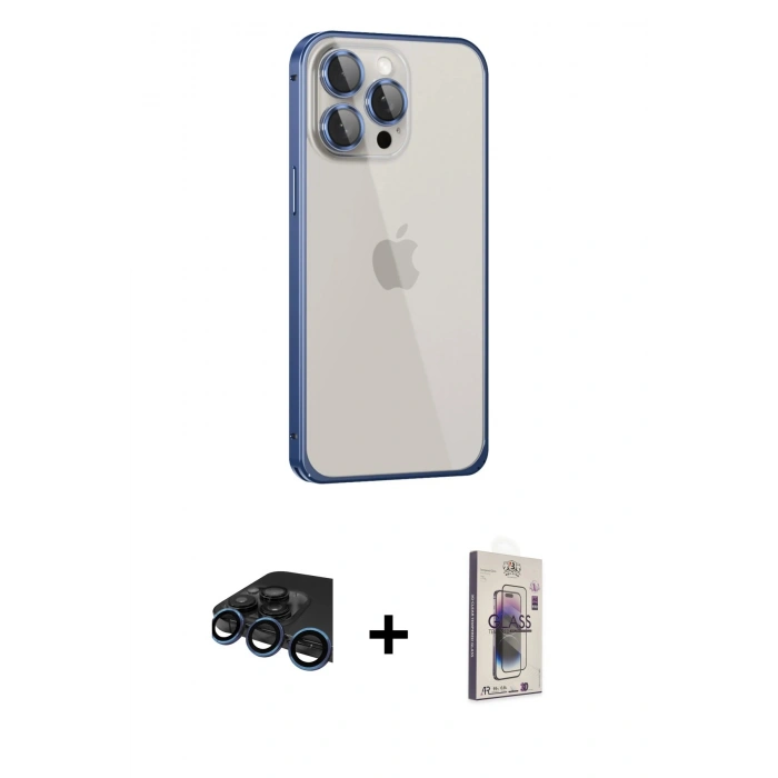 MARSİLYAN™- iPhone 15 Pro Kılıf Eksen Form Serisi - Siyah Bilvis 3D Cam Ekran Koruyucu + Raze Metal Kamera Lens - LT