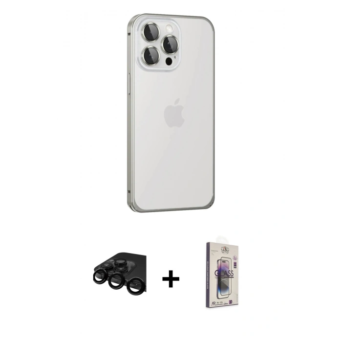 MARSİLYAN™- iPhone 15 Pro Kılıf Eksen Form Serisi - Siyah Bilvis 3D Cam Ekran Koruyucu + Raze Metal Kamera Lens - SH