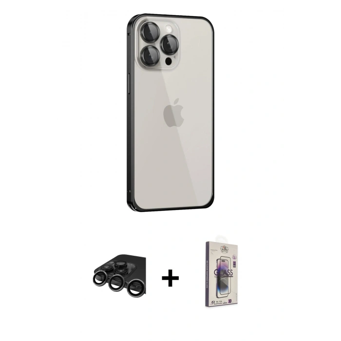 MARSİLYAN™- iPhone 15 Pro Kılıf Eksen Form Serisi - Siyah Bilvis 3D Cam Ekran Koruyucu + Raze Metal Kamera Lens - TMGI