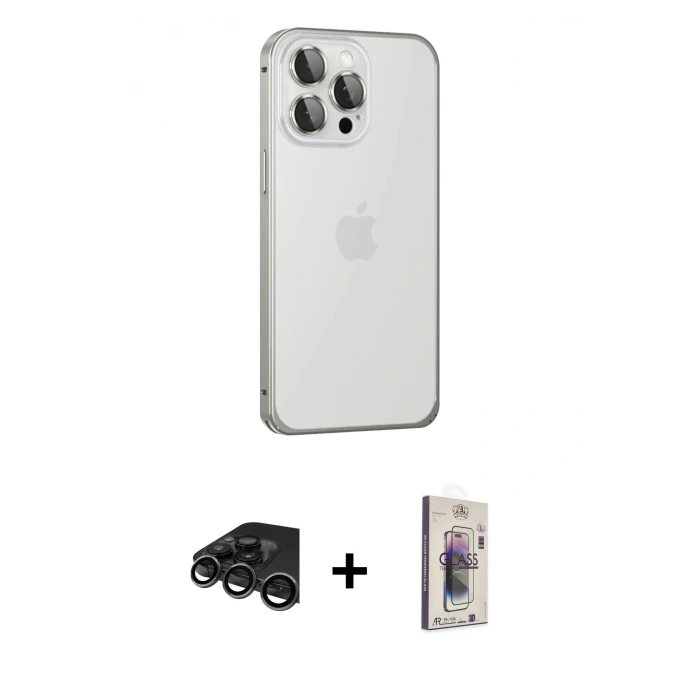 MARSİLYAN™- iPhone 15 Pro Kılıf Eksen Form Serisi - Siyah Bilvis 3D Cam Ekran Koruyucu + Raze Metal Kamera Lens - TMGI