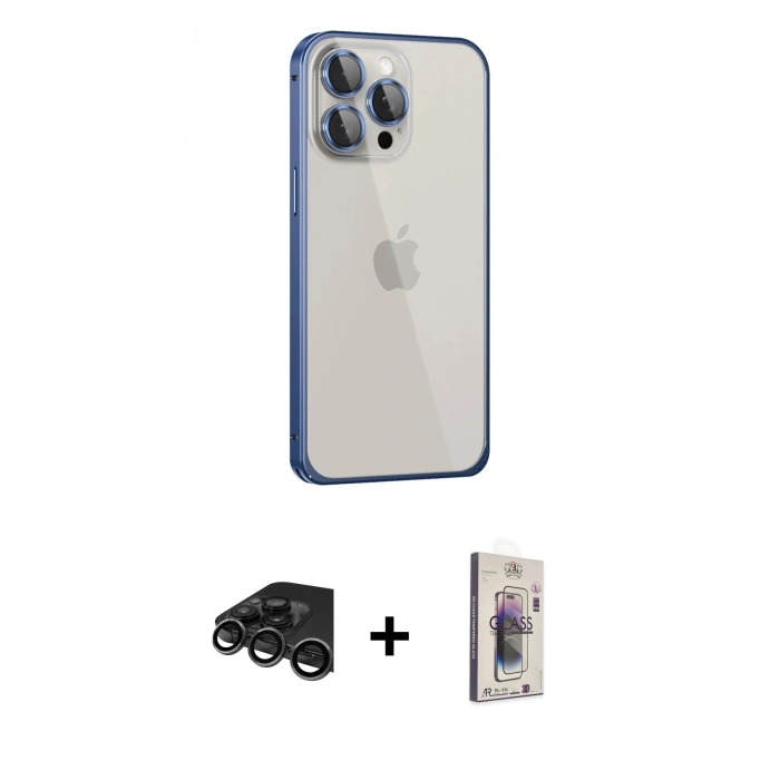 MARSİLYAN™- iPhone 15 Pro Kılıf Eksen Form Serisi - Siyah Bilvis 3D Cam Ekran Koruyucu + Raze Metal Kamera Lens - TMGI