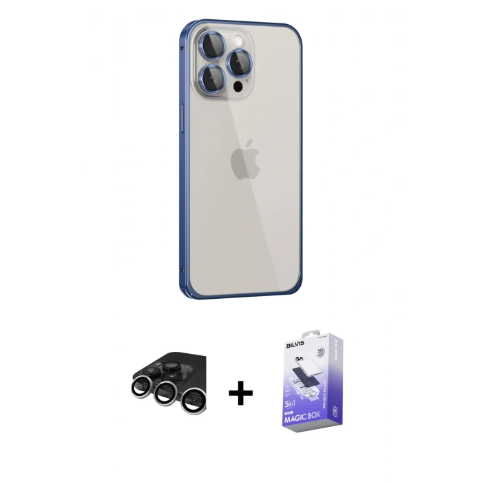 MARSİLYAN™- iPhone 15 Pro Kılıf Eksen Form Serisi - Siyah Bilvis 5in1 5D Magic Hayalet Cam Ekran Koruyucu + Raze Metal Kamera Lens - GS