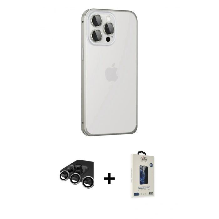 MARSİLYAN™- iPhone 15 Pro Kılıf Eksen Form Serisi - Siyah Bilvis Hayalet Cam Ekran Koruyucu + Raze Metal Kamera Lens - GS