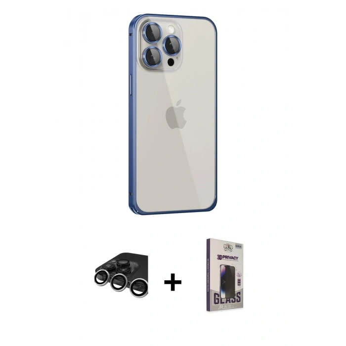 MARSİLYAN™- iPhone 15 Pro Kılıf Eksen Form Serisi - Siyah Bilvis Hayalet Cam Ekran Koruyucu + Raze Metal Kamera Lens - GS
