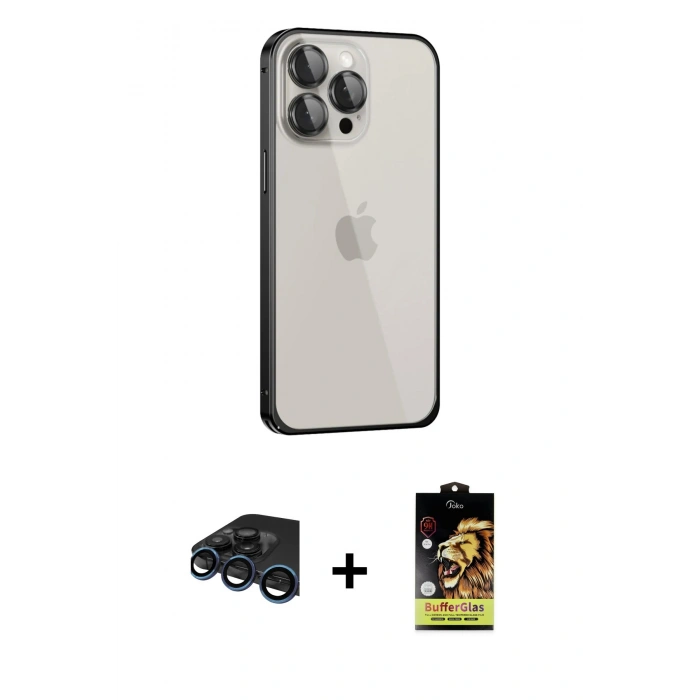 MARSİLYAN™- iPhone 15 Pro Kılıf Eksen Form Serisi - Siyah Buffer Cam Ekran Koruyucu + Raze Metal Kamera Lens - LT