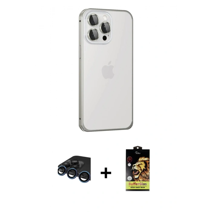 MARSİLYAN™- iPhone 15 Pro Kılıf Eksen Form Serisi - Siyah Buffer Cam Ekran Koruyucu + Raze Metal Kamera Lens - LT
