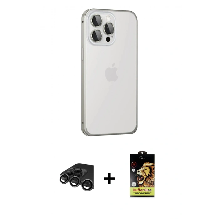 MARSİLYAN™- iPhone 15 Pro Kılıf Eksen Form Serisi - Siyah Buffer Cam Ekran Koruyucu + Raze Metal Kamera Lens - TMGI