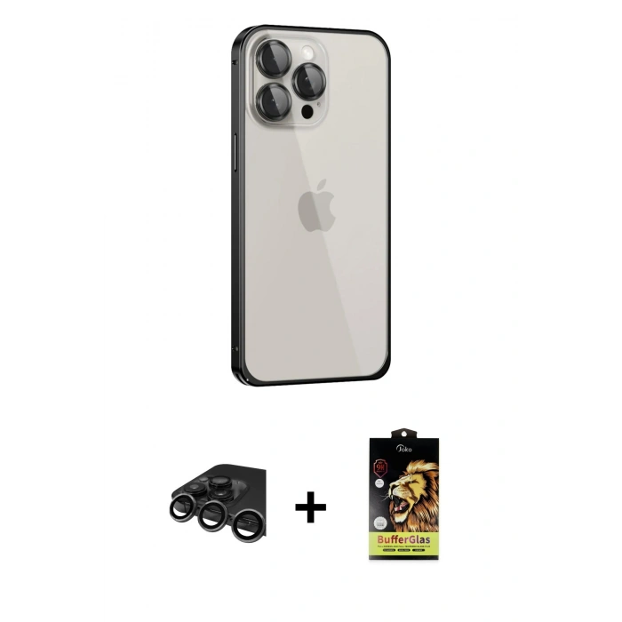 MARSİLYAN™- iPhone 15 Pro Kılıf Eksen Form Serisi - Siyah Buffer Cam Ekran Koruyucu + Raze Metal Kamera Lens - TMGI