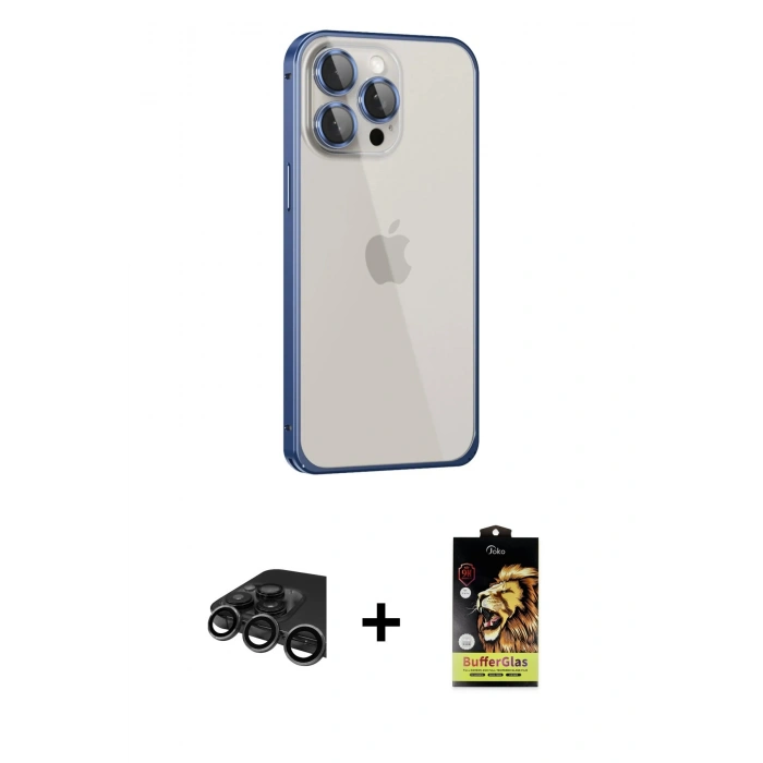 MARSİLYAN™- iPhone 15 Pro Kılıf Eksen Form Serisi - Siyah Buffer Cam Ekran Koruyucu + Raze Metal Kamera Lens - TMGI