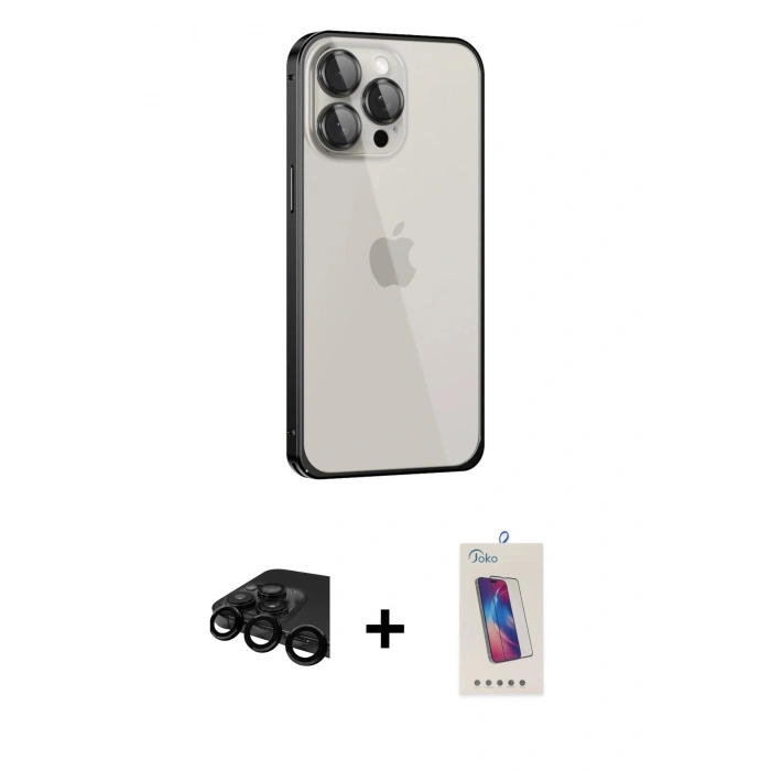 MARSİLYAN™- iPhone 15 Pro Kılıf Eksen Form Serisi - Siyah Joko 5D Cam + Raze Metal Kamera Lens - SH