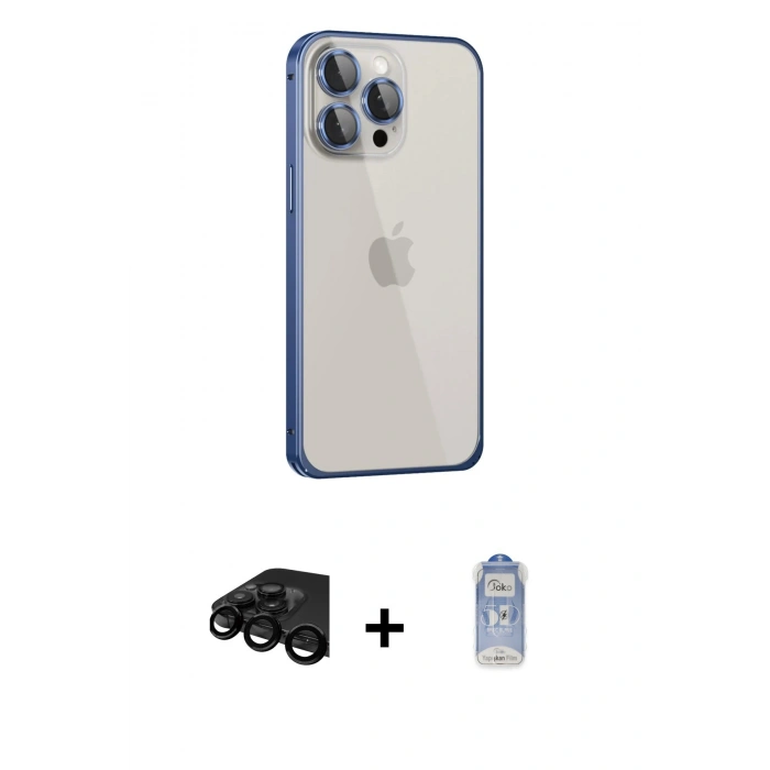 MARSİLYAN™- iPhone 15 Pro Kılıf Eksen Form Serisi - Siyah Joko Magic 5D Cam + Siyah Raze Metal Kamera Lens
