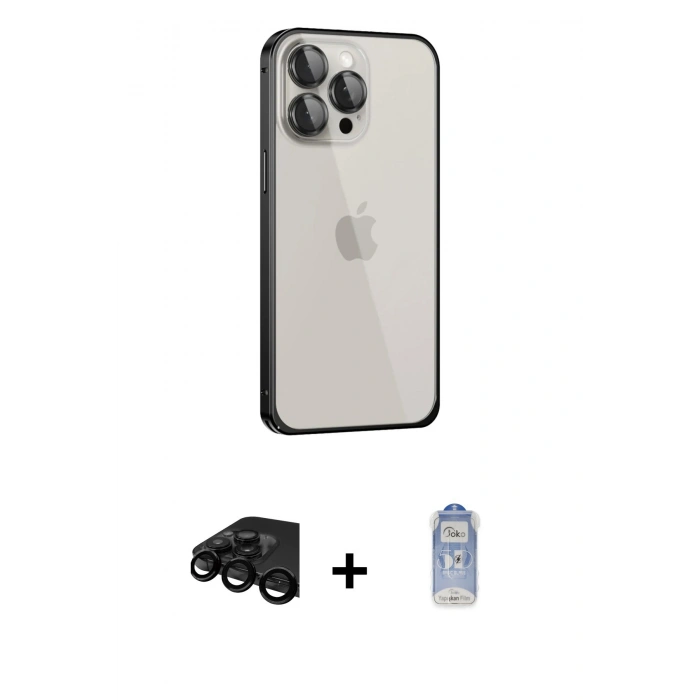 MARSİLYAN™- iPhone 15 Pro Kılıf Eksen Form Serisi - Siyah Joko Magic 5D Cam + Siyah Raze Metal Kamera Lens