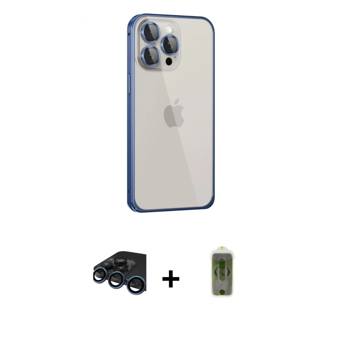MARSİLYAN™- iPhone 15 Pro Kılıf Eksen Form Serisi - Siyah Joko Magic 5D Hayalet Cam + Lacivert Raze Metal Kamera Lens