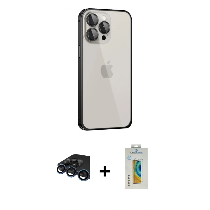 MARSİLYAN™- iPhone 15 Pro Kılıf Eksen Form Serisi - Siyah Polymer Nano Ekran Koruyucu + Lacivert Raze Metal Kamera Lens