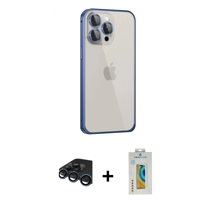 MARSİLYAN™- iPhone 15 Pro Kılıf Eksen Form Serisi - Siyah Polymer Nano Ekran Koruyucu + Lacivert Raze Metal Kamera Lens