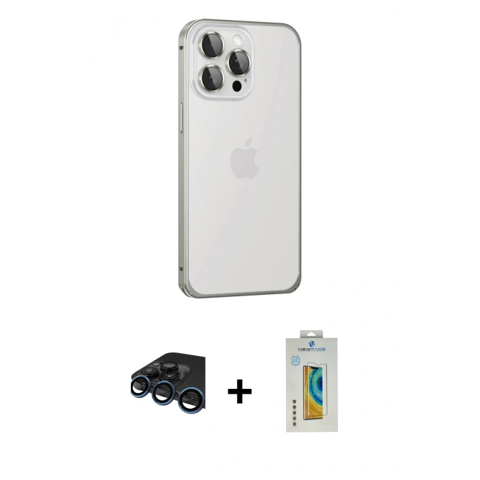 MARSİLYAN™- iPhone 15 Pro Kılıf Eksen Form Serisi - Siyah Polymer Nano Ekran Koruyucu + Lacivert Raze Metal Kamera Lens