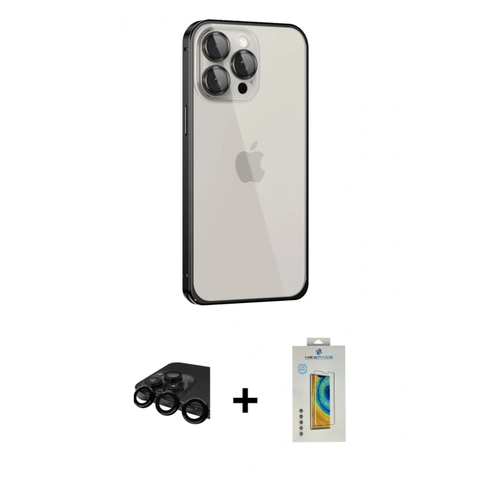 MARSİLYAN™- iPhone 15 Pro Kılıf Eksen Form Serisi - Siyah Polymer Nano Ekran Koruyucu + Siyah Raze Metal Kamera Lens
