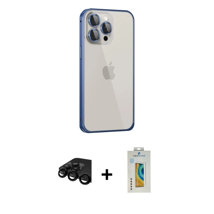 MARSİLYAN™- iPhone 15 Pro Kılıf Eksen Form Serisi - Siyah Polymer Nano Ekran Koruyucu + Siyah Raze Metal Kamera Lens