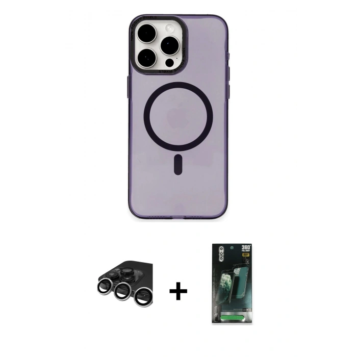 MARSİLYAN™- iPhone 15 Pro Kılıf Eksen Işık Prime - Şeffaf 360 Full Body Arka Koruyucu + Raze Metal Kamera Lens - GS