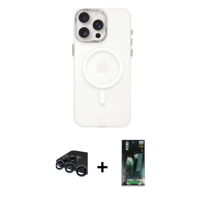 MARSİLYAN™- iPhone 15 Pro Kılıf Eksen Işık Prime - Şeffaf 360 Full Body Arka Koruyucu + Raze Metal Kamera Lens - LT