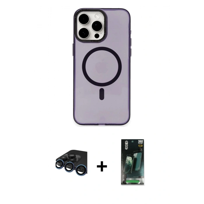 MARSİLYAN™- iPhone 15 Pro Kılıf Eksen Işık Prime - Şeffaf 360 Full Body Arka Koruyucu + Raze Metal Kamera Lens - LT