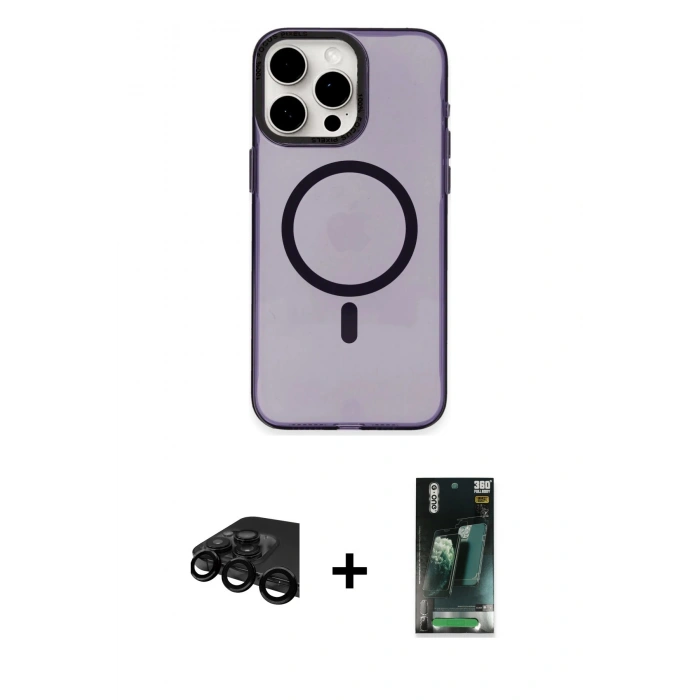 MARSİLYAN™- iPhone 15 Pro Kılıf Eksen Işık Prime - Şeffaf 360 Full Body Arka Koruyucu + Raze Metal Kamera Lens - SH