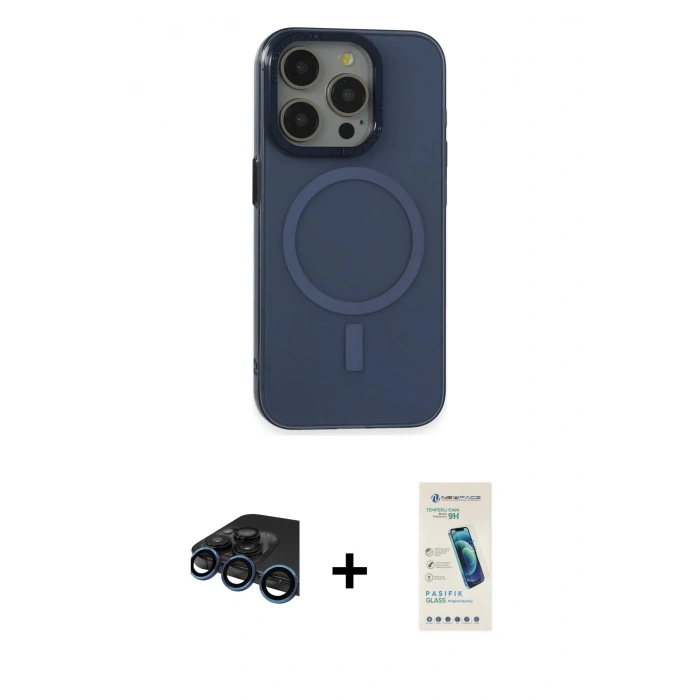 MARSİLYAN™- iPhone 15 Pro Kılıf Eksen Işık Prime - Şeffaf Pasifik Cam Ekran Koruyucu + Raze Metal Kamera Lens - LT