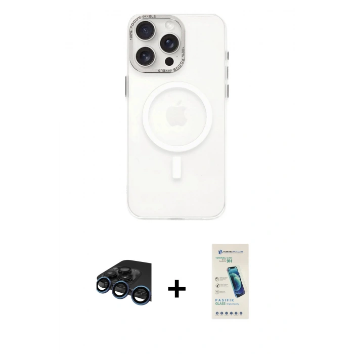MARSİLYAN™- iPhone 15 Pro Kılıf Eksen Işık Prime - Şeffaf Pasifik Cam Ekran Koruyucu + Raze Metal Kamera Lens - LT