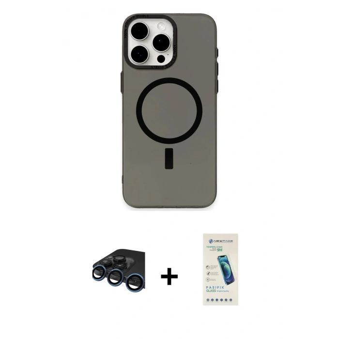 MARSİLYAN™- iPhone 15 Pro Kılıf Eksen Işık Prime - Şeffaf Pasifik Cam Ekran Koruyucu + Raze Metal Kamera Lens - LT