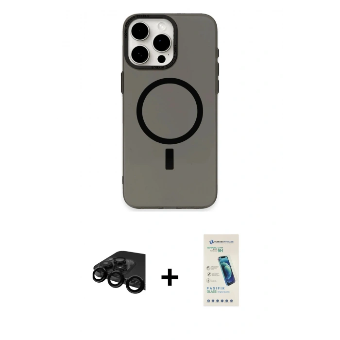 MARSİLYAN™- iPhone 15 Pro Kılıf Eksen Işık Prime - Şeffaf Pasifik Cam Ekran Koruyucu + Raze Metal Kamera Lens - SH