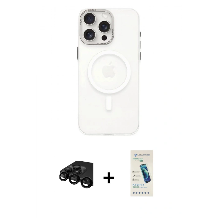 MARSİLYAN™- iPhone 15 Pro Kılıf Eksen Işık Prime - Şeffaf Pasifik Cam Ekran Koruyucu + Raze Metal Kamera Lens - SH