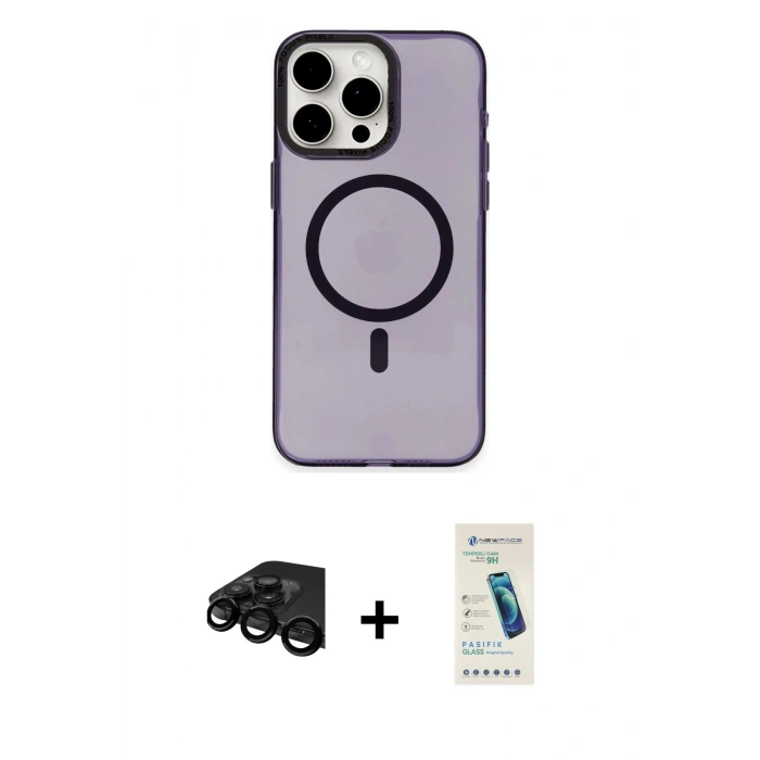 MARSİLYAN™- iPhone 15 Pro Kılıf Eksen Işık Prime - Şeffaf Pasifik Cam Ekran Koruyucu + Raze Metal Kamera Lens - SH